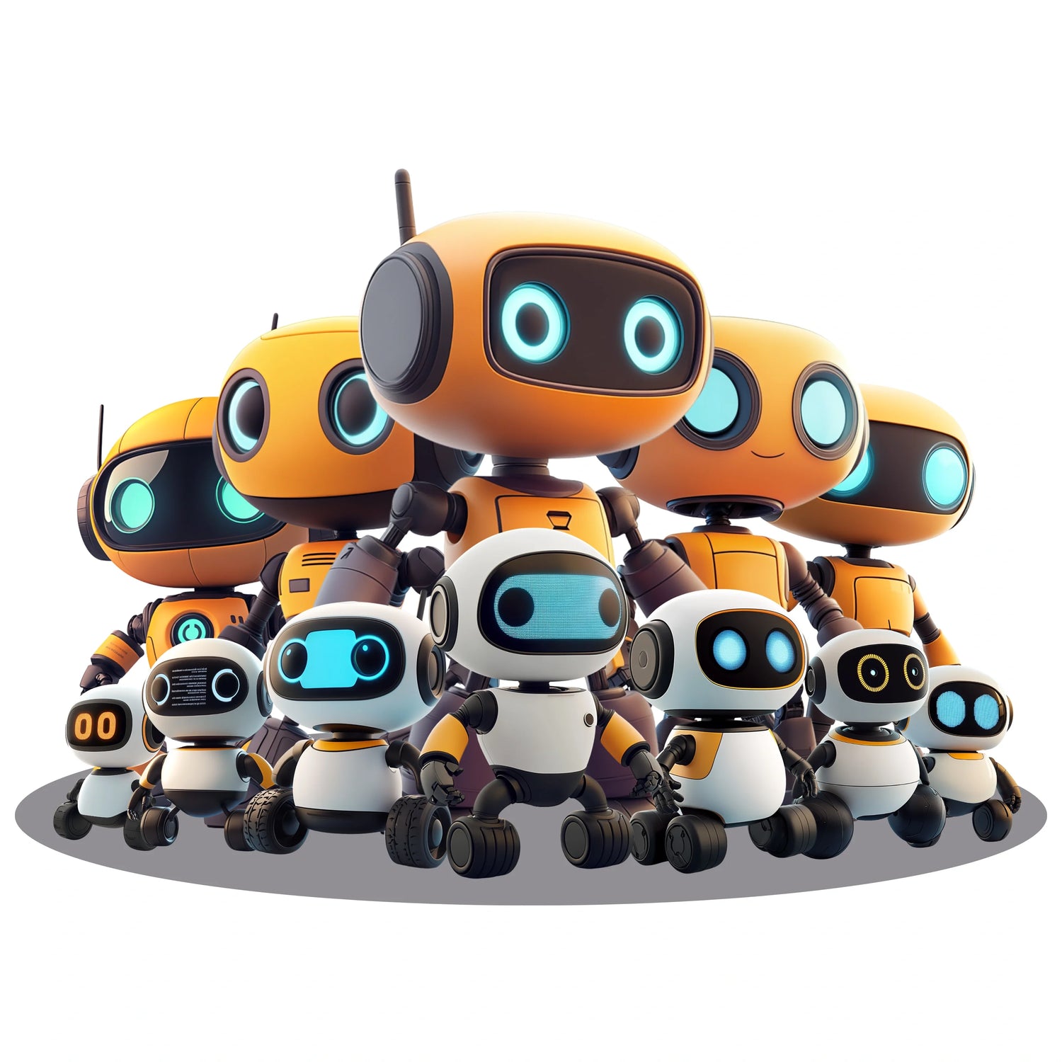Group of friendly orange and white AI bots standing together, representing teamwork and business automation. Front Side.